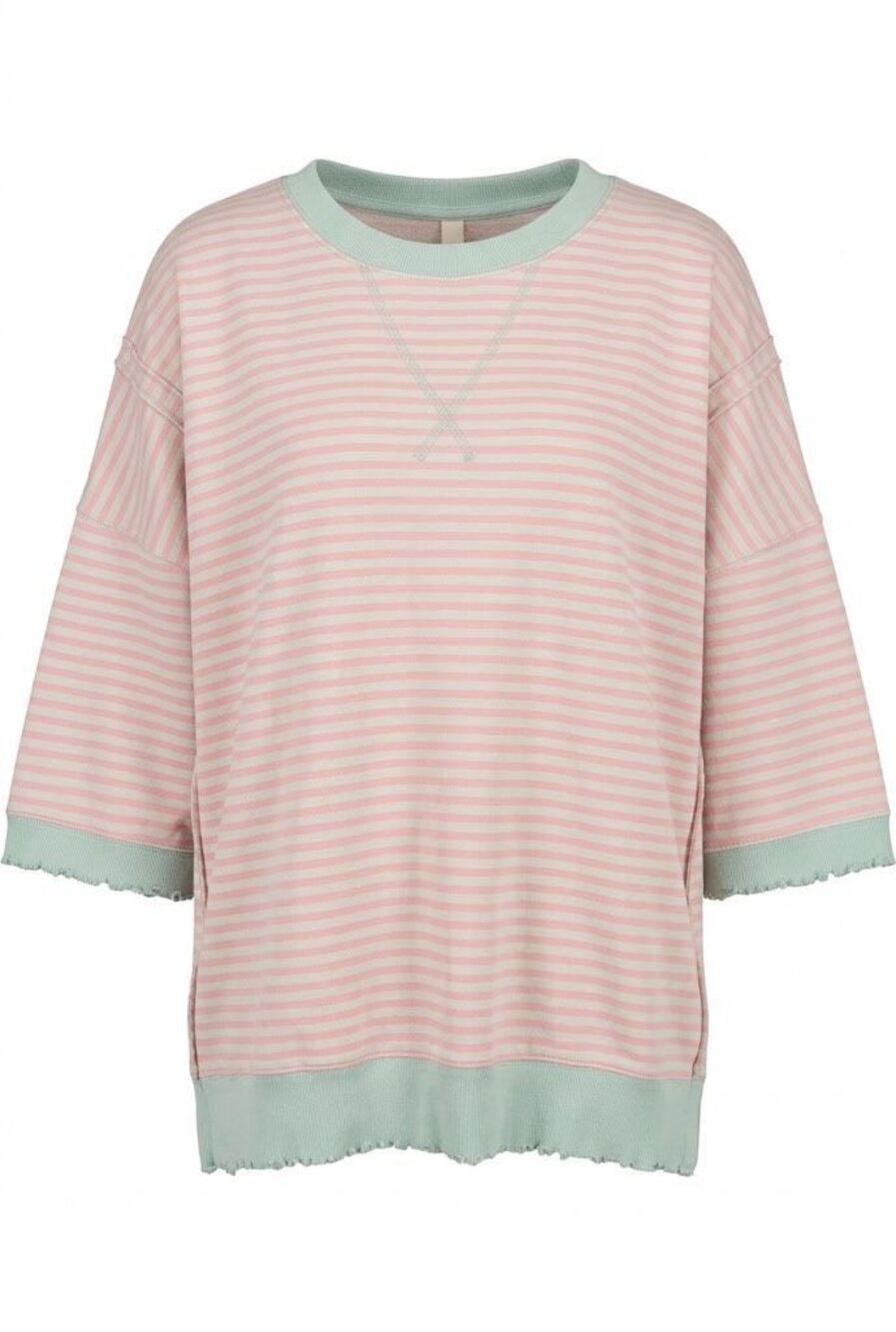 #2047. Peach Love CA Sage/Pink Oversized Candy Stripe Lettuce Edge Sweatshirt